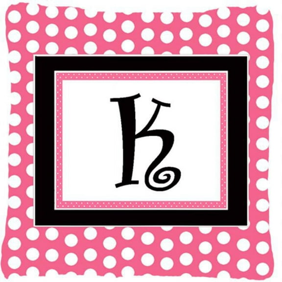 Letter K Initial Monogram - Pink Black Polka Dots Indoor & Outdoor Fabric Decorative Pillow
