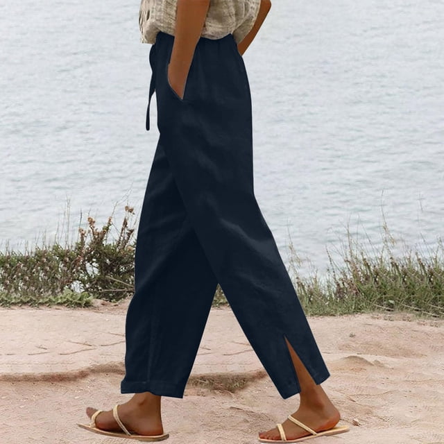 Women Casual Cotton Linen Drawstring Elastic Waist Long Wide Leg Pants