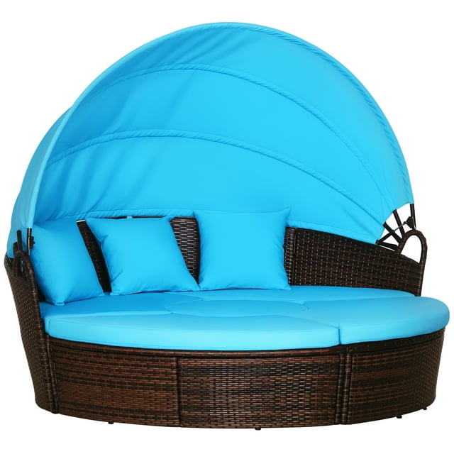 Outsunny Chaise Longue de Patio avec Canapé-Lit Rond Coussiné - Ensemble de 4, Bleu