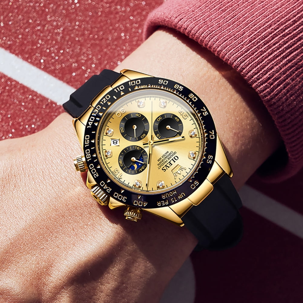 OLEVS Watches for Men Chronograph Multifunction Sport Silicone Luxury Dress Diamond Moon Phase Quartz Male Watch Waterproof Mens Wrist Watches Reloj para Hombre,Gold/Black/White/Blue/Grey Dial