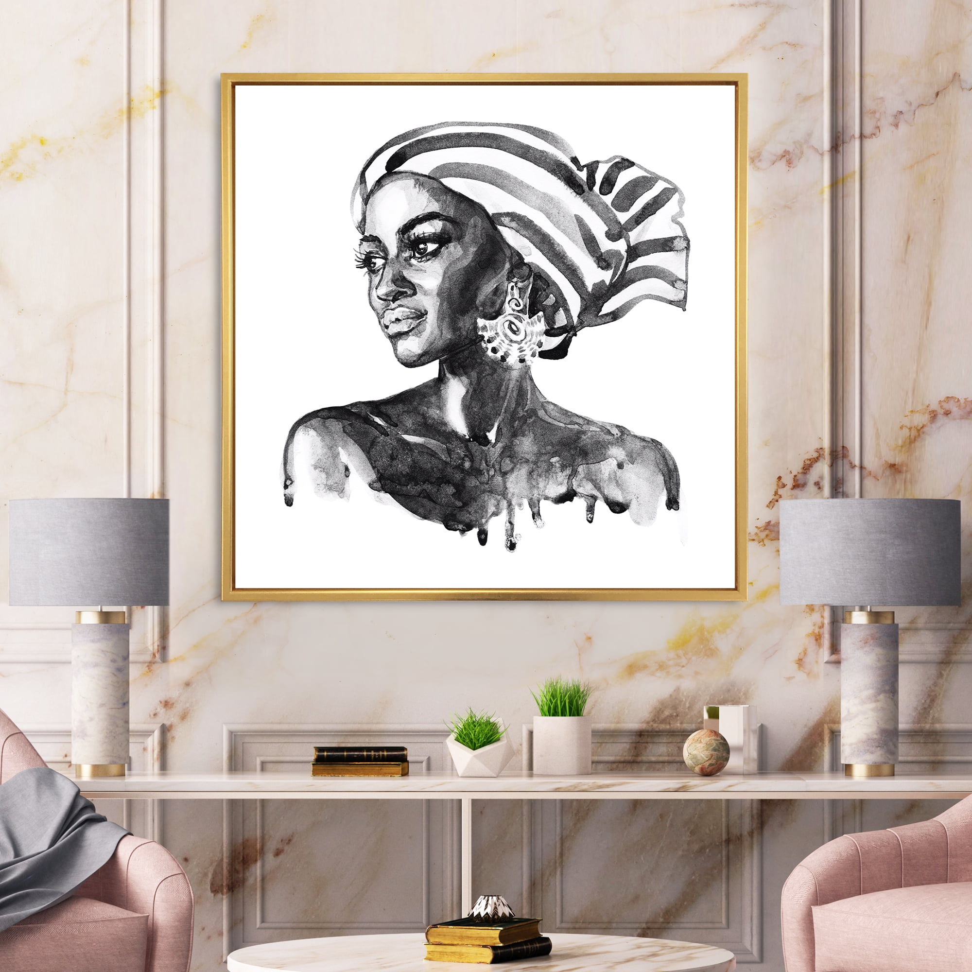 Designart 'Portrait of Afro American Woman XII' Modern Framed Canvas Wall Art Print