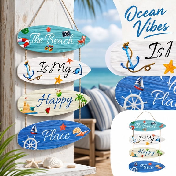 Beach Wall Decor with Four Surfboard Shaped Wooden Plaques and Rope Hanging Design, Coastal Themed Beach Art Wall Decor for Living Room Bedroom Bathroom, Summer Party Decorations