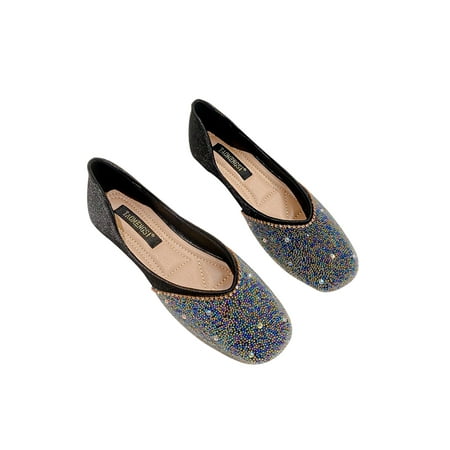 

Crocowalk Women Rhinestones Comfort Slip On Loafers Formal Fashion Anti-Slip Sequins Dress Shoe Black 5.5