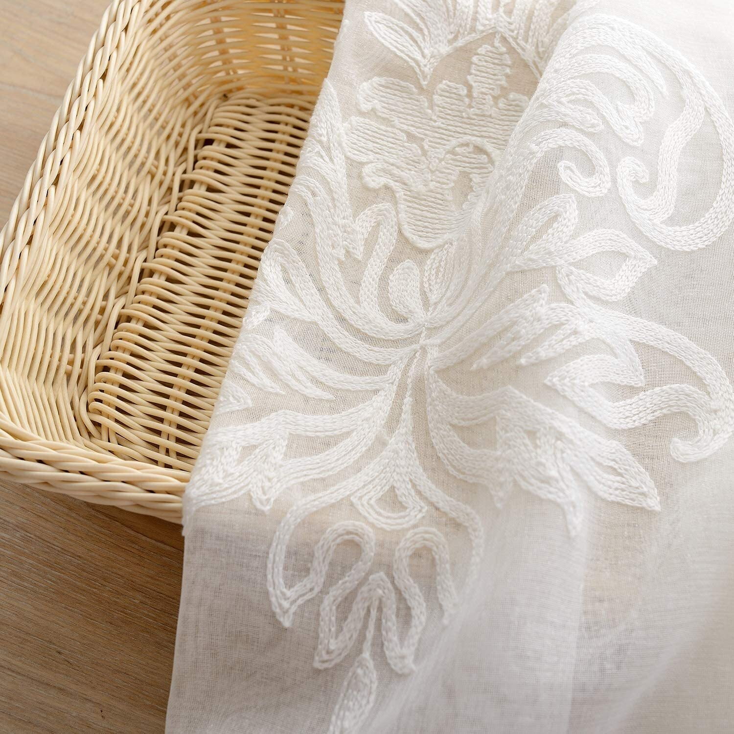VOGOL European Floral Embroidered White Semi Sheer Rod Pocket Curtains for Bedroom, Kitchen, Small Windows, W52xL63, 2 Panels