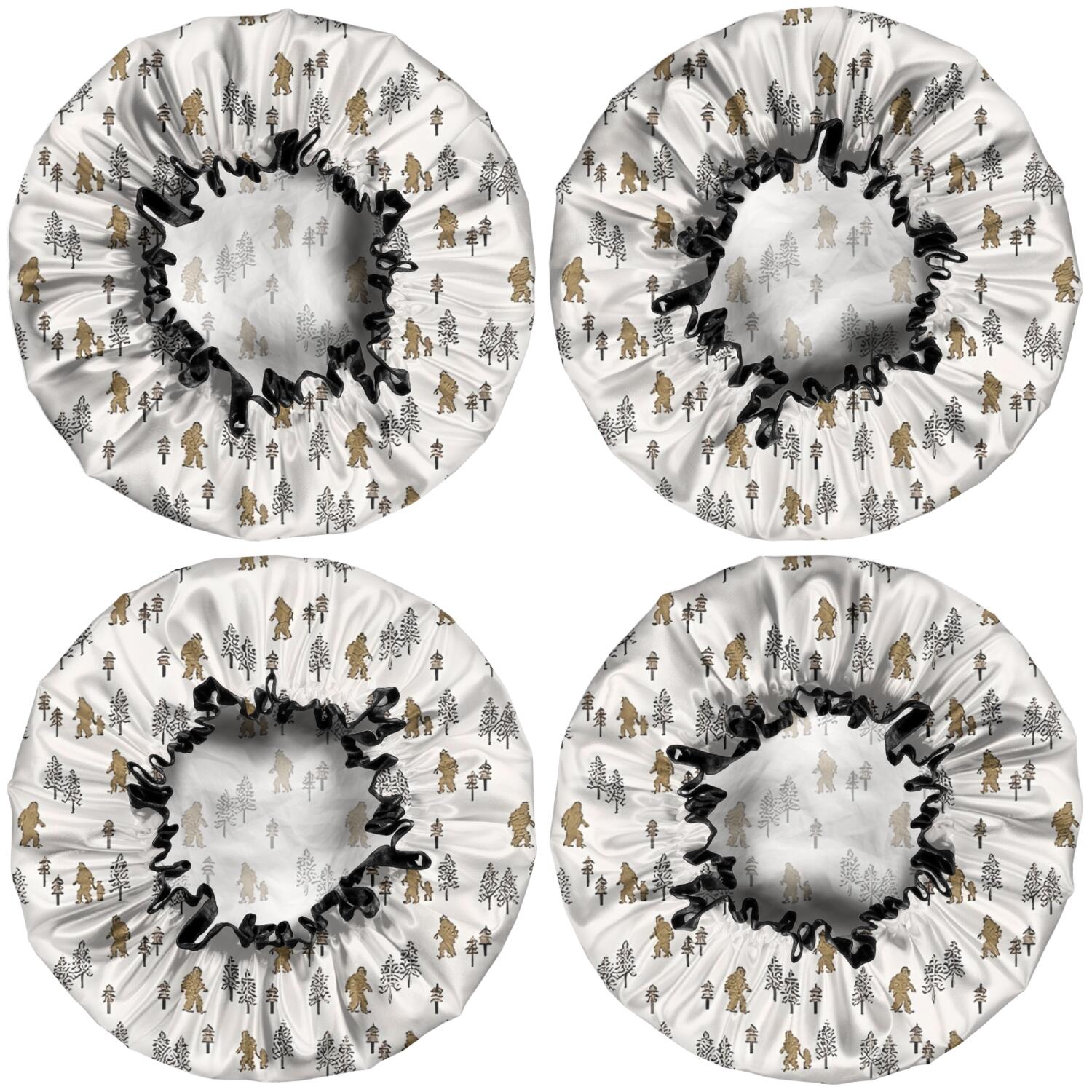 Shower Caps,White Bigfoot and Tree Pattern Waterproof Shower Cap for Women 4 Pieces,Double Reusable Hair Cover for Shower PEVA Elastic Stretch Hem