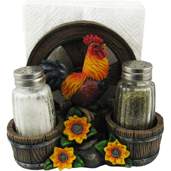 DWK 6" Country Diner Rooster with Wagon Wheel Farm Barrel and Sunflowers Napkin Holder with Salt & Pepper Shaker Set for Kitchen Dining Decor