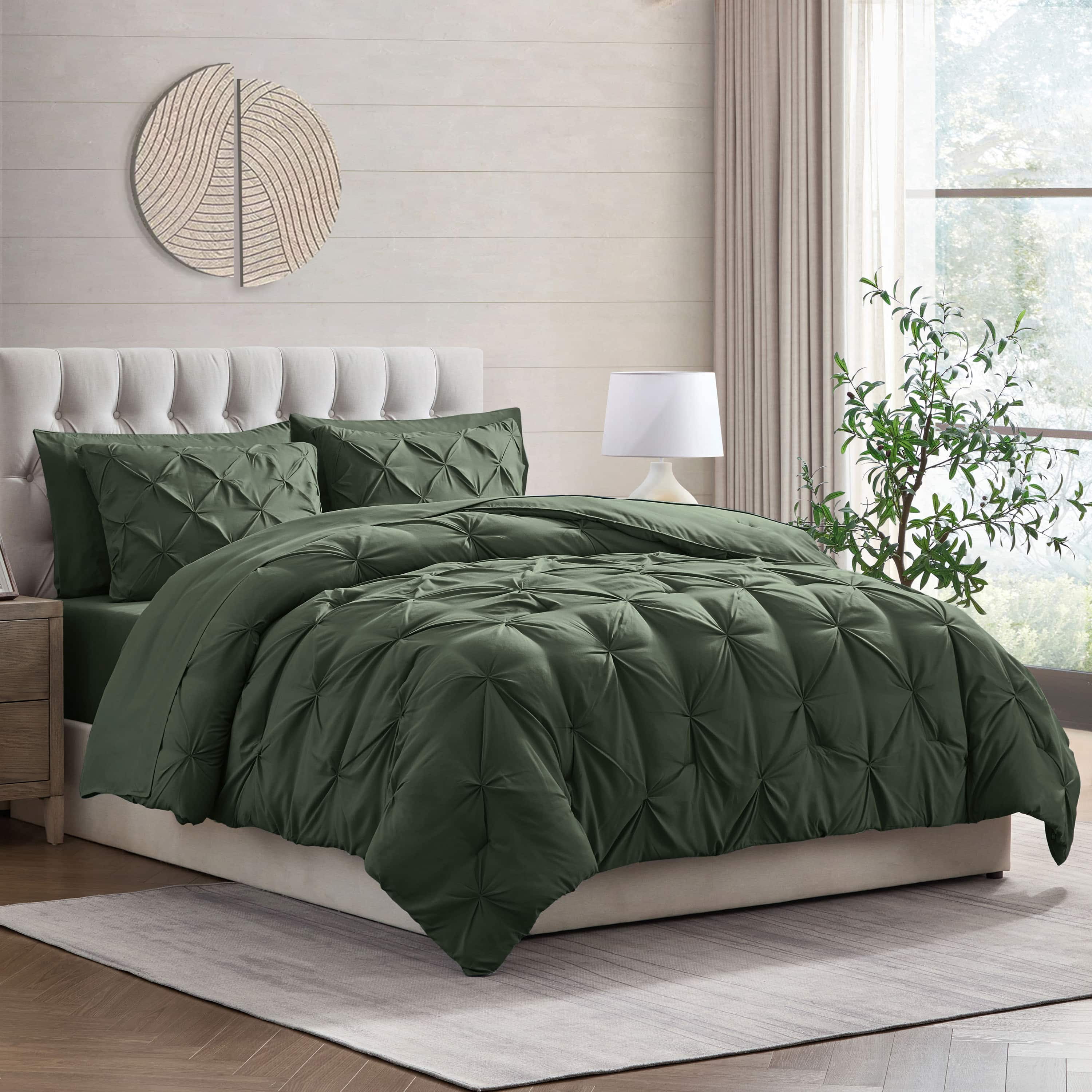 LammaLoe Queen Comforter Set, 7 Piece Bed In A Bag Pintuck Bedding Sets, Olive Green