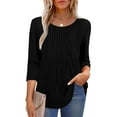 thumbnail image 4 of UVN Women Summer Blouses 3/4 Sleeves Loose Fit Shirts Ladies Pleated Crew Neck Tunic Tops, 4 of 10