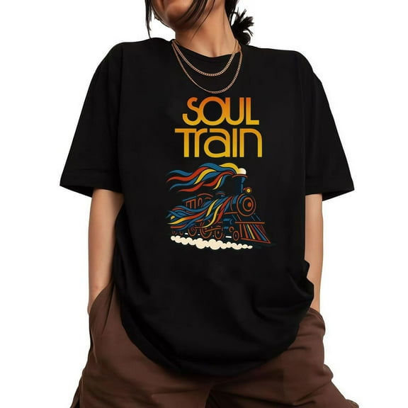 Women Soul Train Graphic Tee T Shirt Top Colorful Locomotive Design Short Sleeve Crew Neck Vintage Black S-5XL