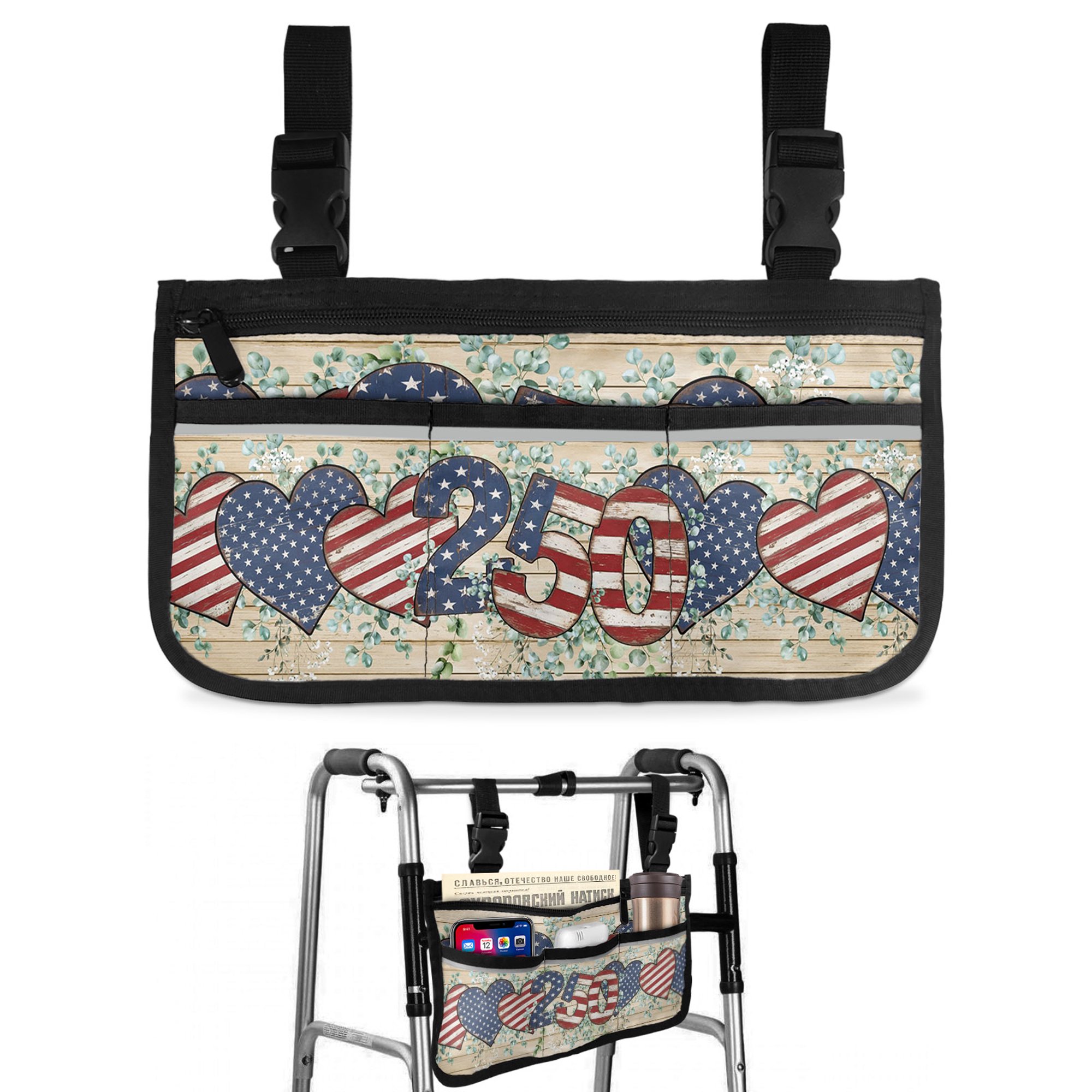 Vintage 250 Anniversary Wheelchair Side Bag with Cup Holder, American Flag Heart Wood Grain Wheelchair Armrest Bag Storage Pouch Adults, Seniors for Walkers, Rollator, Scooter