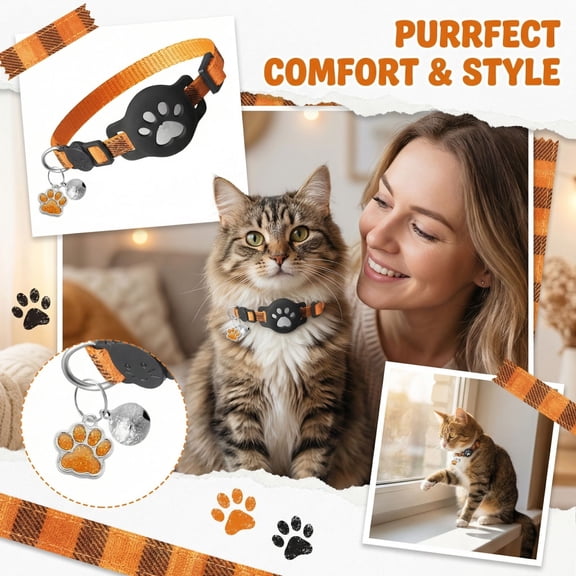Kitten Collar with Bell, Airtag Silicone Cover, Breakaway Safety, 5-9 in Adjustable, Woven Nylon, Orange, Paw Print Charm, 1 Pc (165 Chars)