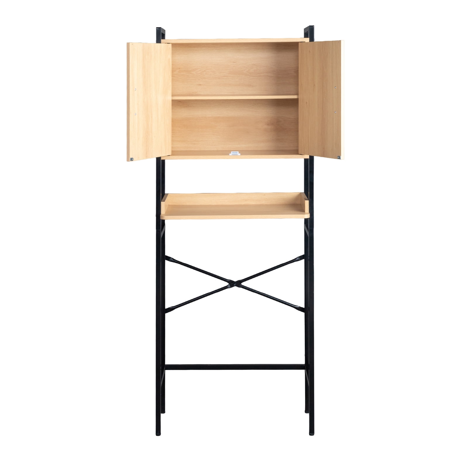 One Shelf Toilet Cabinet, Wood Grain Embossed Design, Mdf Melamine Veneer With Square Tubing, Double Doors, 64.5*30*171cm
