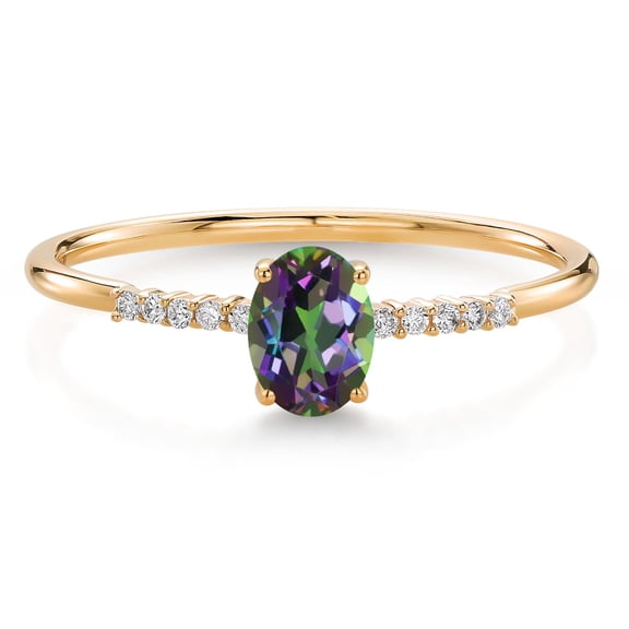 Gem Stone King 10K Yellow Gold Oval Green Mystic Topaz and White Lab Grown Diamond Engagement Ring for Women (0.65 Cttw, Oval 6X4MM, Gemstone, Available in Size 5, 6, 7, 8, 9)
