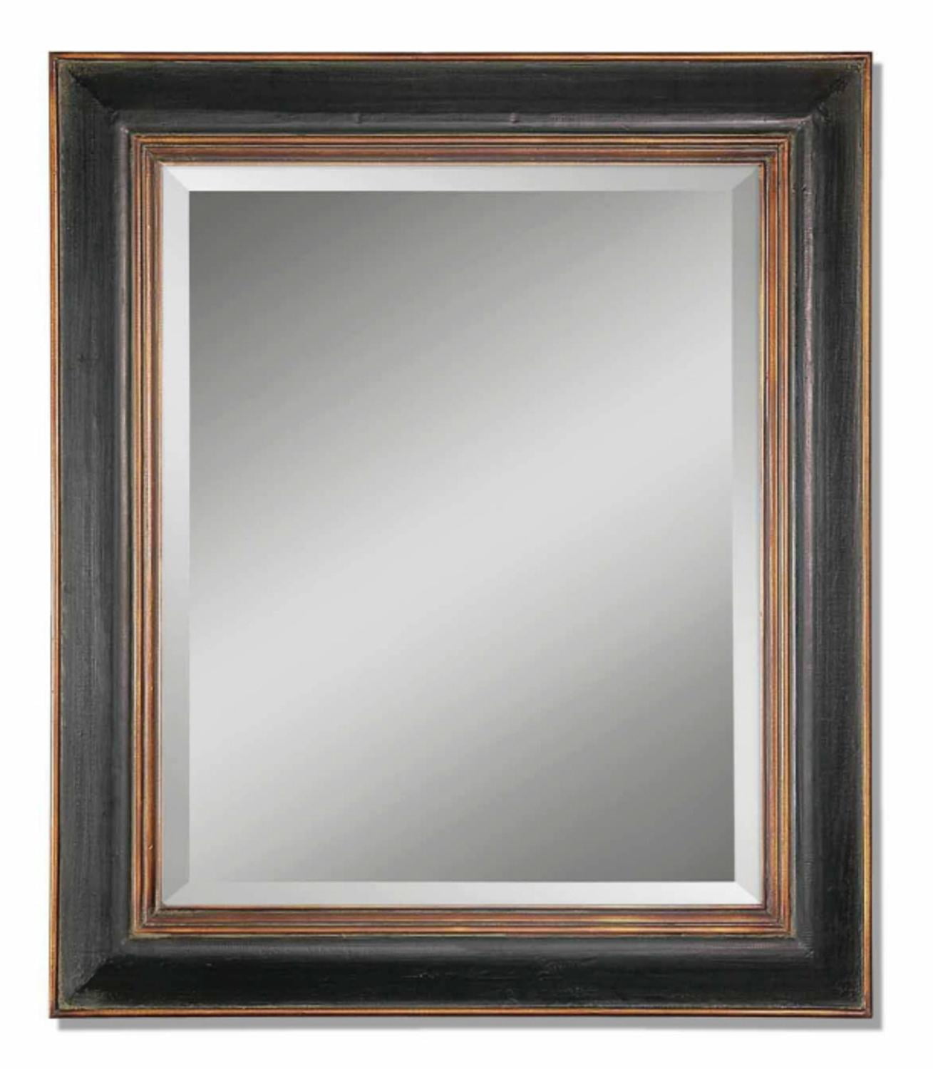 42" Hand Rubbed Black and Antiqued Gold Rectangular Beveled Wall Mirror