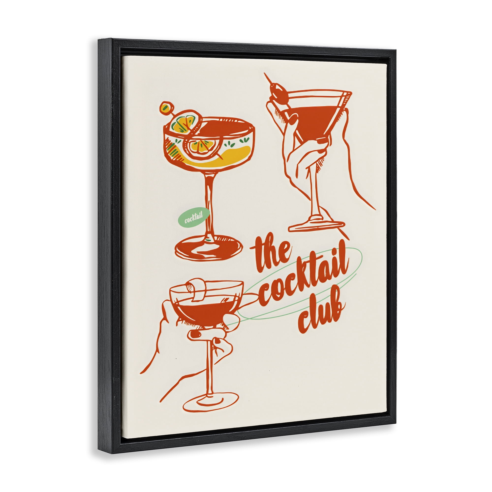 Stupell Industries Cocktail Club Toasting Glasses Black Framed Floater Canvas Wall Art, design by The Prints Vibe