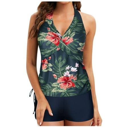 Celivon Tankini Swimsuit For Women Matte Finish Two Piece Padded Adjustable Drawstring Swimsuit With Boyshorts Beach Vacation Wear