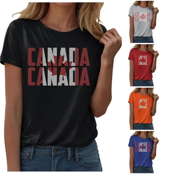Trendfront Womens Canada Letter Graphic T Shirts Crewneck Short Sleeve Maple Leaf Print Casual Summer Tee Tops