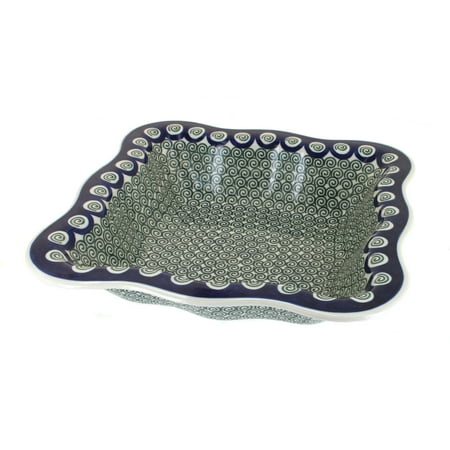 

Blue Rose Polish Pottery Peacock Swirl Large Square Fluted Dish