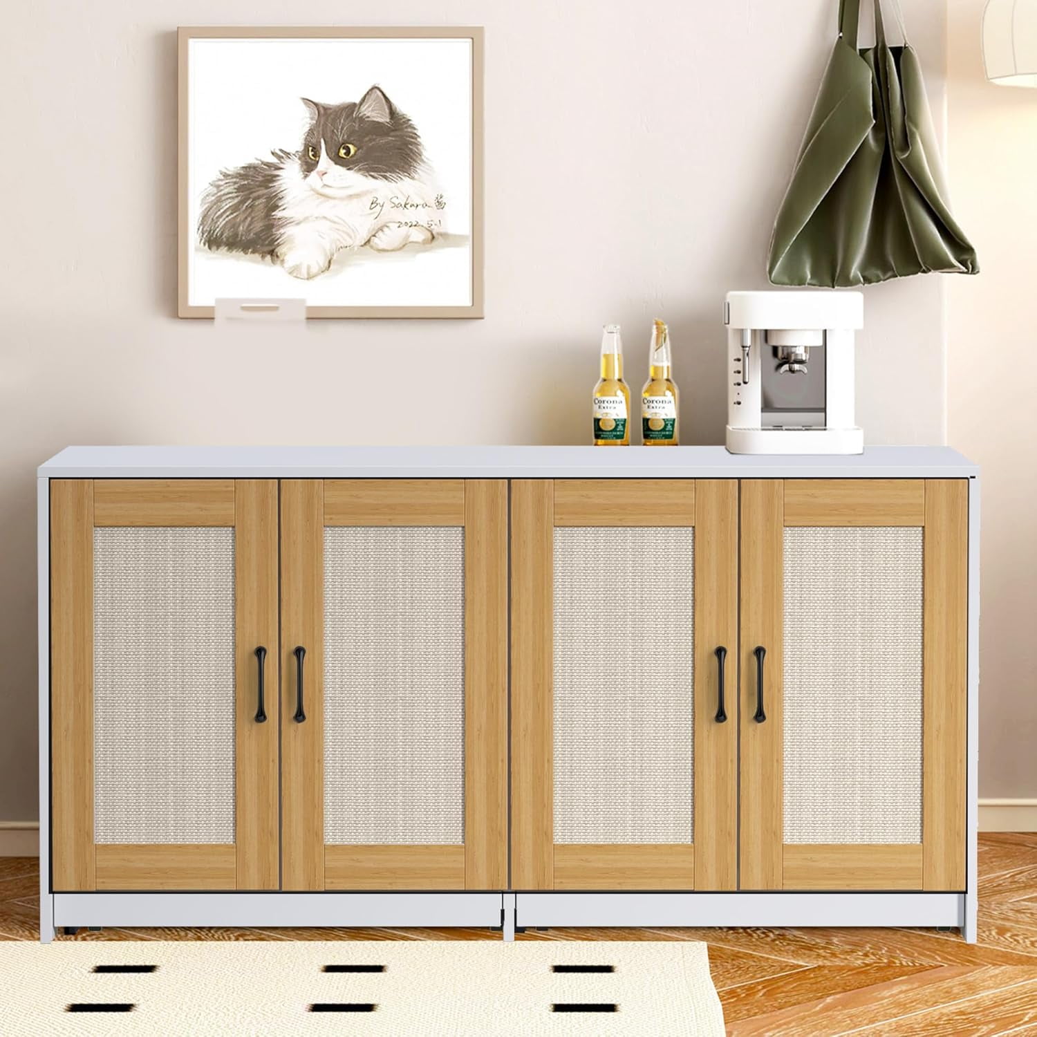 Homhougo Litter Box Enclosure for 2 Cats, 47.2" Large Wood Hidden Litter Box Furniture for 2 Boxes with Sisal Doors and Sliding Drawers, Indoor Cat House TV Stand White
