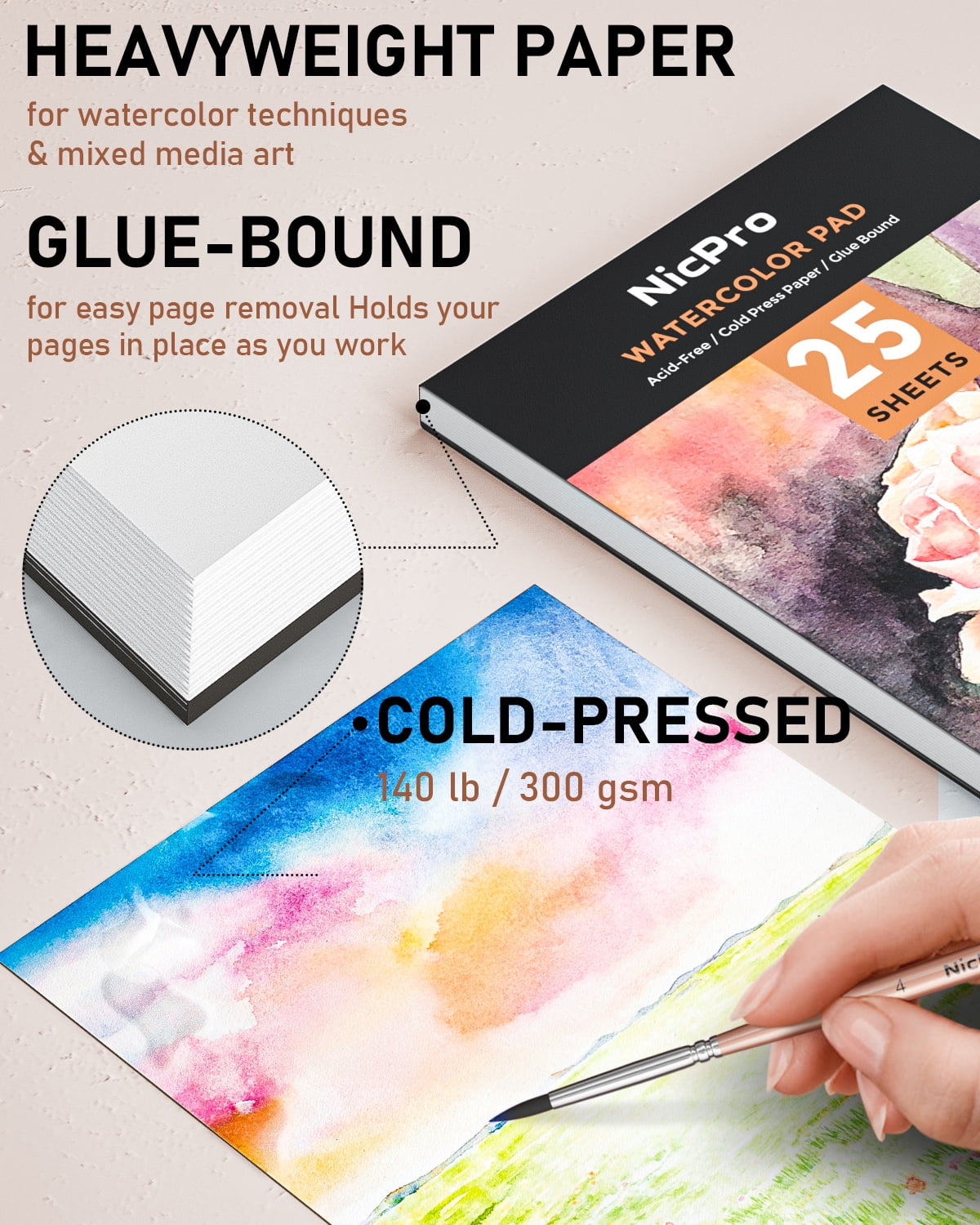 Nicpro 100 Colors Watercolor Paint Set Include Metallic Macaron & Fluorescent, 8 Squirrel Painting Brushes, 25 Water Color Paper, Palette, Art Supplies Kit