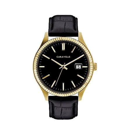 Caravelle Black Dial - Caravelle Men's Black Leather Strap Gold-Tone Stainless Steel Dress Watch 41mm