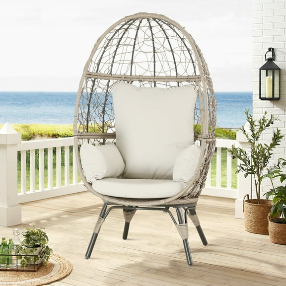 Ulax Furniture Outdoor All-weather Wicker Egg Chair Indoor Rattan Tear Drop Lounger Chair with 4 Cushions for Patio, Backyard, Living Room