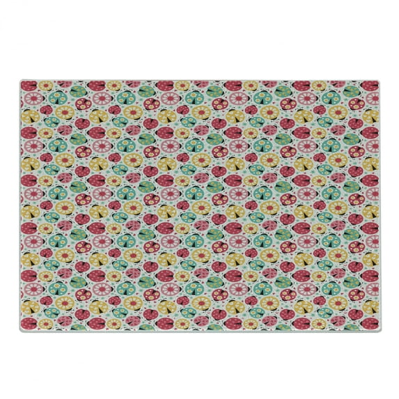 Ladybugs Cutting Board, Abstract Bug Pattern with Many Different Designs Hearts Polka Dots Daisies Nature, Decorative Tempered Glass Cutting and Serving Board, Small Size, Multicolor, by Ambesonne