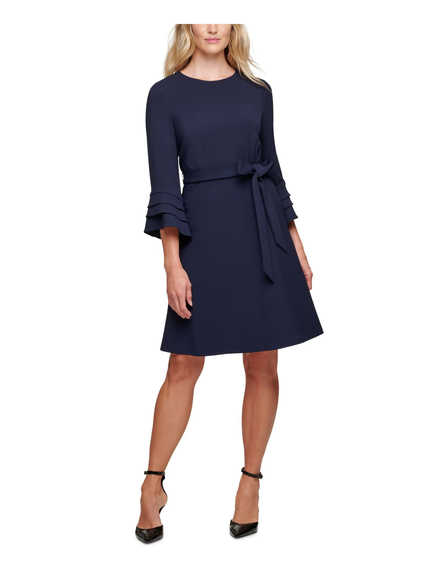 DKNY Womens Navy Belted Ruffled Fluted Bell Sleeve Jewel Neck Above The ...