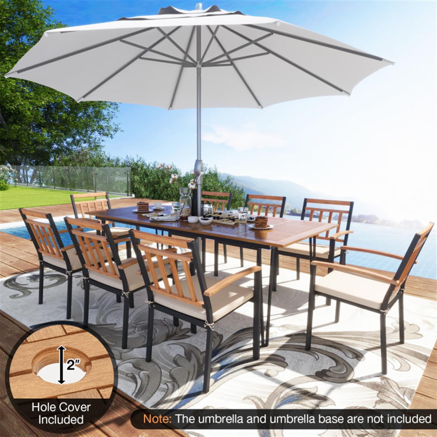 Demi Bonn 9 Pieces Outdoor Patio Furniture Set, Acacia Wood Dining Set with 8 Chairs and Umbrella Hole, Conversation Dining for Garden Poolside Balcony, Beige-B