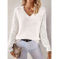 thumbnail image 6 of Women V Neck Knit Hollow Openwork Lantern Long Sleeve Ribbed Cuff Loose Fit Knit Pullover Sweater White L, 6 of 8