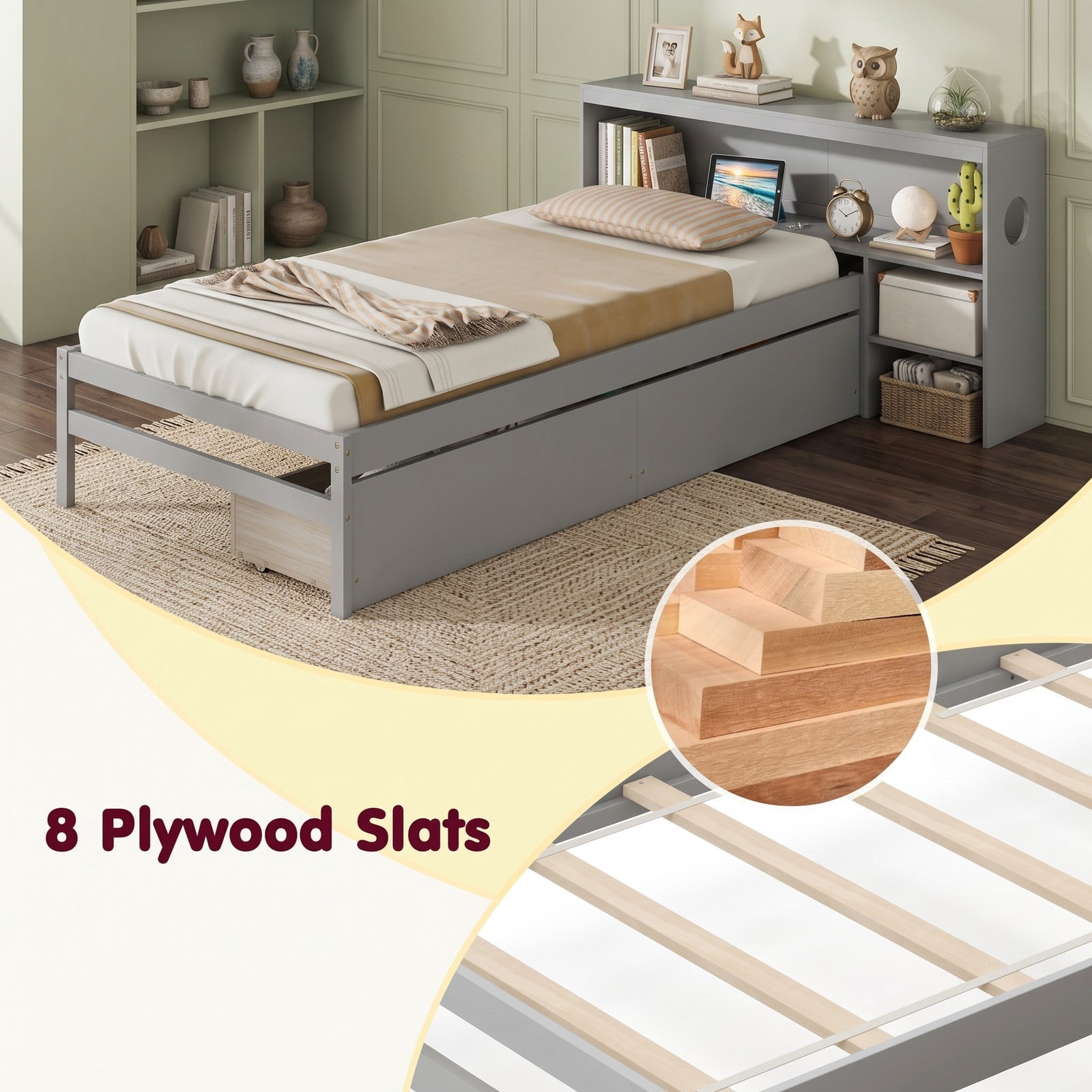 Furnibear Twin Bed Frame with Storage, Wood Bed Frame with LED Bookcase Headboard Nightstand and 2 Drawers for Bedroom, No Box Spring Needed, Gray