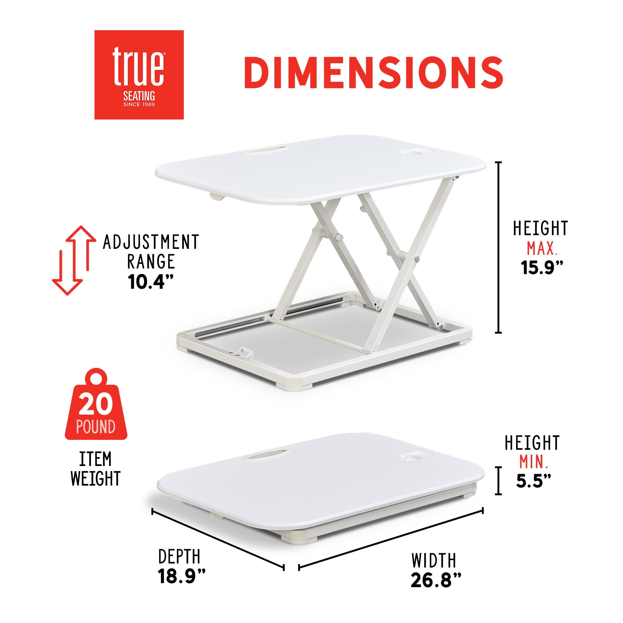 True Seating Ergo 26" Height Adjustable Laptop Standing Desk Converter, White