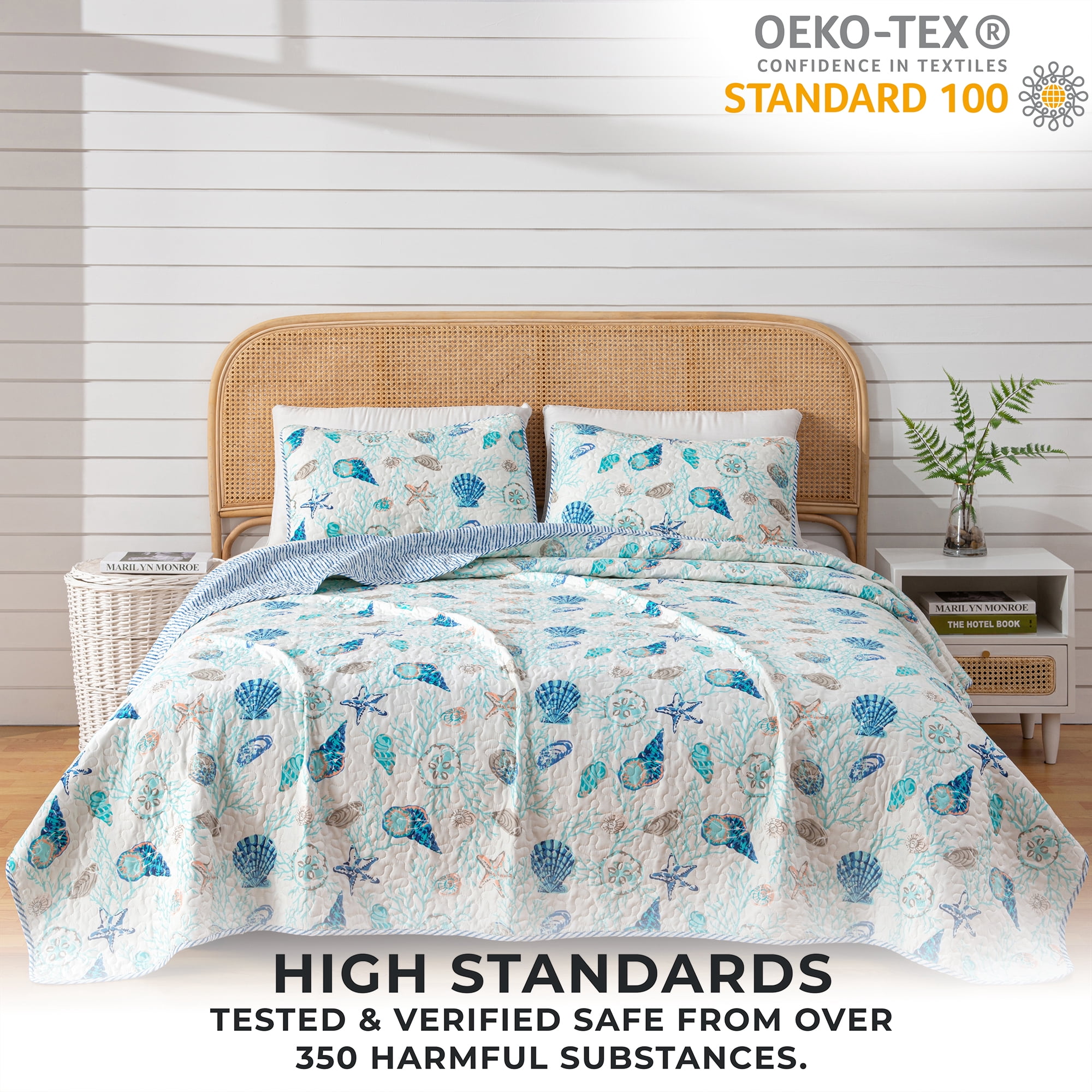 Coastal Quilt Set - Lightweight, Soft, All-Season - 3-Piece Reversible Coral Bedding Set (Full / Queen, Blue Coral)
