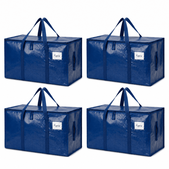 90L Heavy Duty Moving Bags, 100 GSM Storage Totes with Reinforced Handles, Dual Zipper, Label Pocket, Deep Blue, 4 Pack