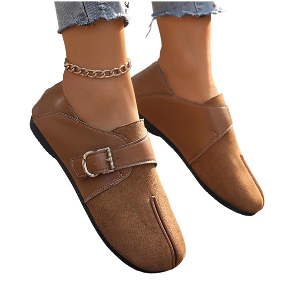 Gpaecead Women's Flat Tabi Shoes Split Toe Faux Suede Adjustable Buckle Strap Non Slip Versatile Casual Flats, Khaki