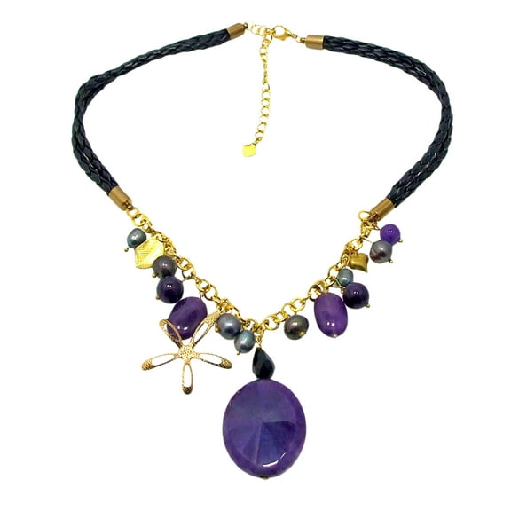Deep Purple Amethyst Stone & Brass Flower Braided Leatherette Necklace