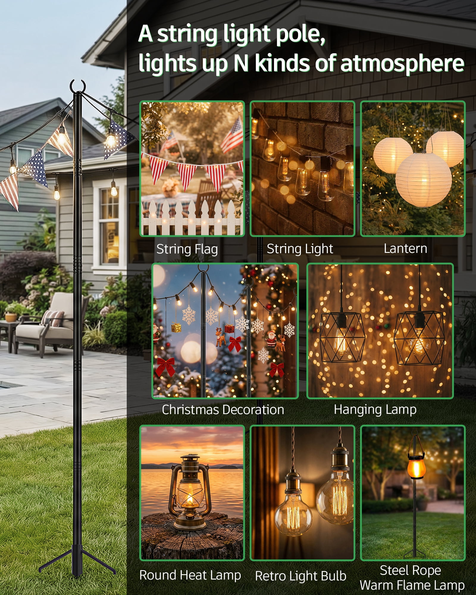 String Light Poles 2 Pack, Heavy Duty Outdoor Light Poles with Upgraded 5‑Prong Base, Anti‑Bending Stable Design for Backyard Patio Garden Wedding Party Decoration