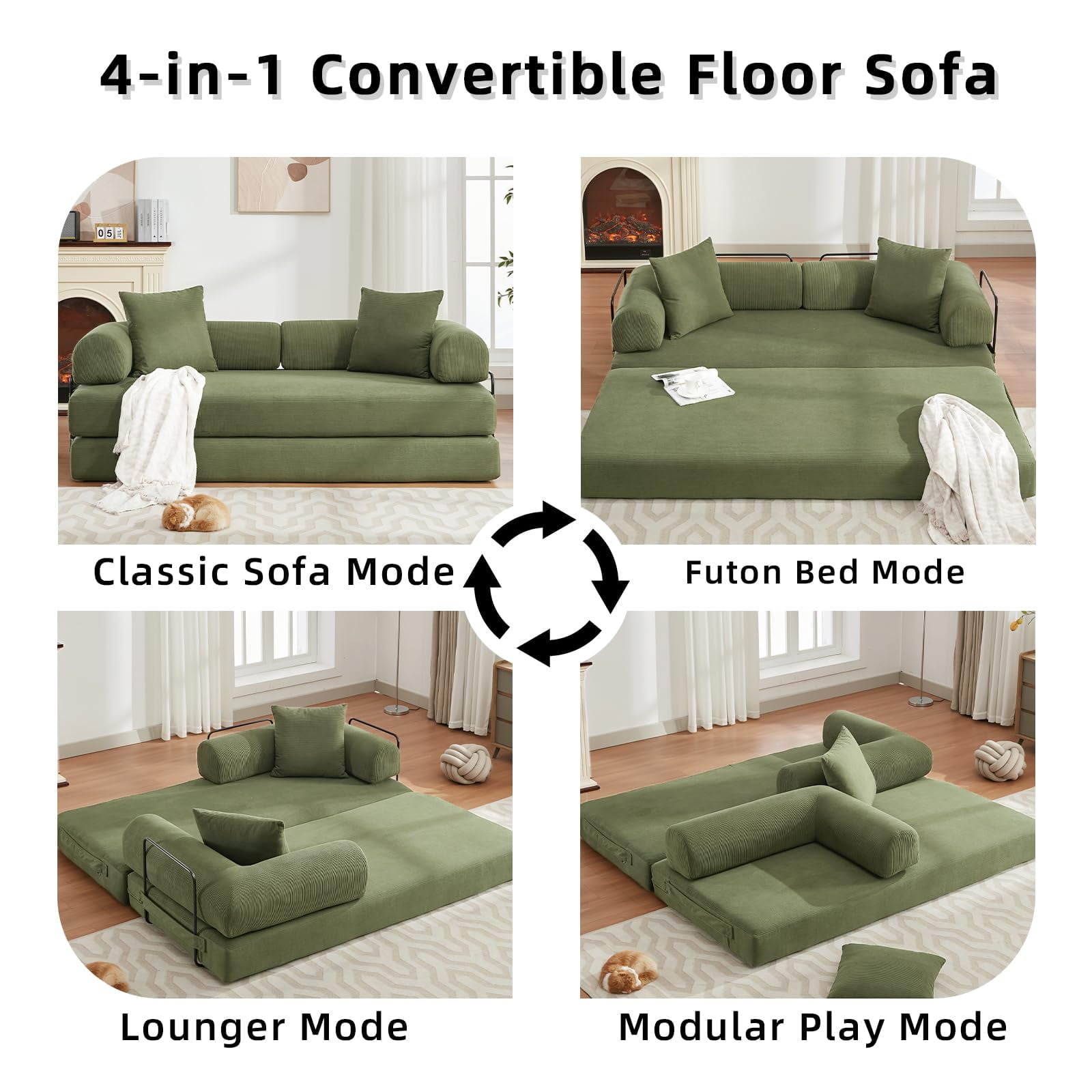 CAPCAEK 78.5" Convertible Sofa Bed, Corduroy Foldable Sleeper Loveseat with Memory Foam and 2 Pillows, Green