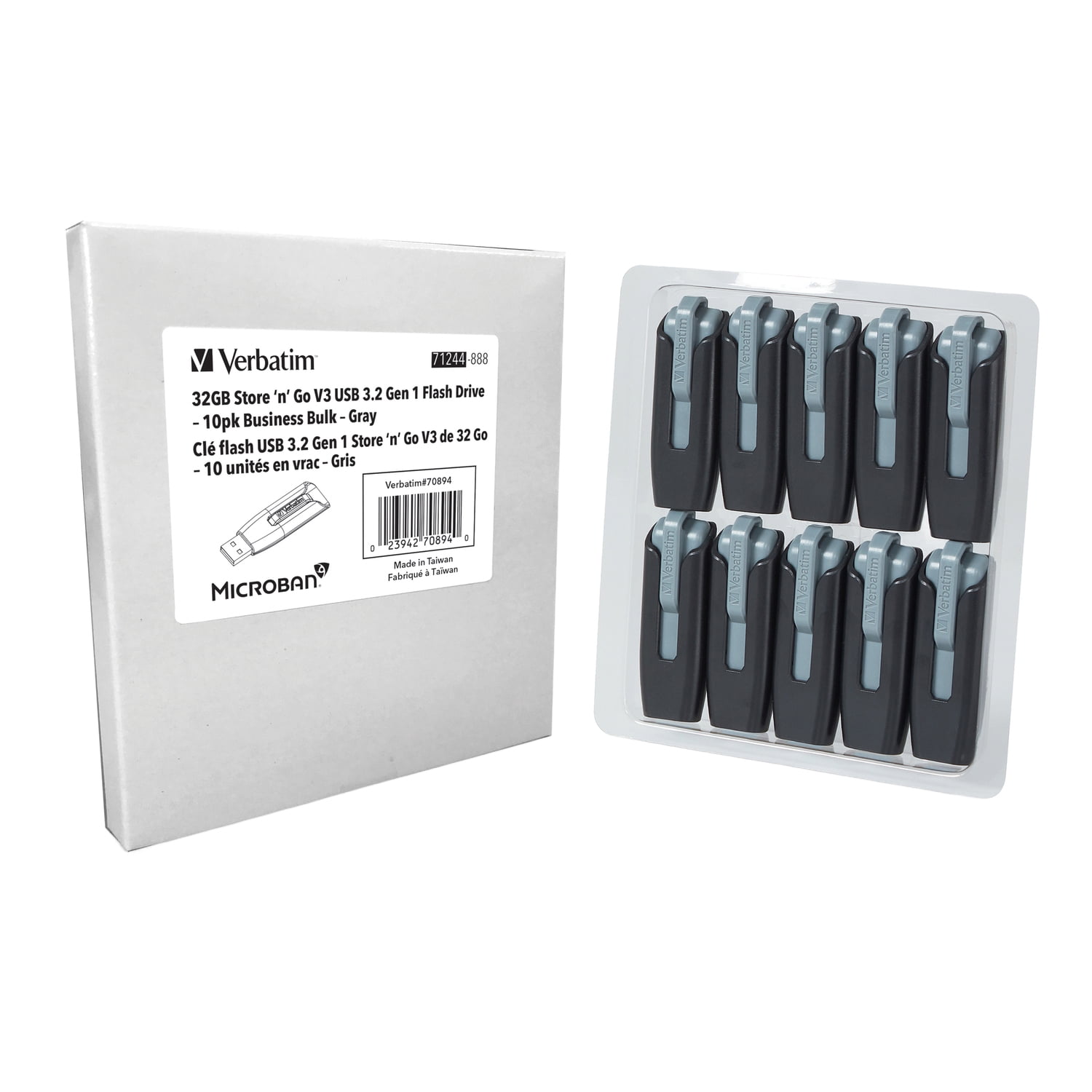 Verbatim 32-GB Store ‘n’ Go V3 USB 3.2 Gen 1 Flash Drives, Business Bulk 10 Count, Gray, 70894