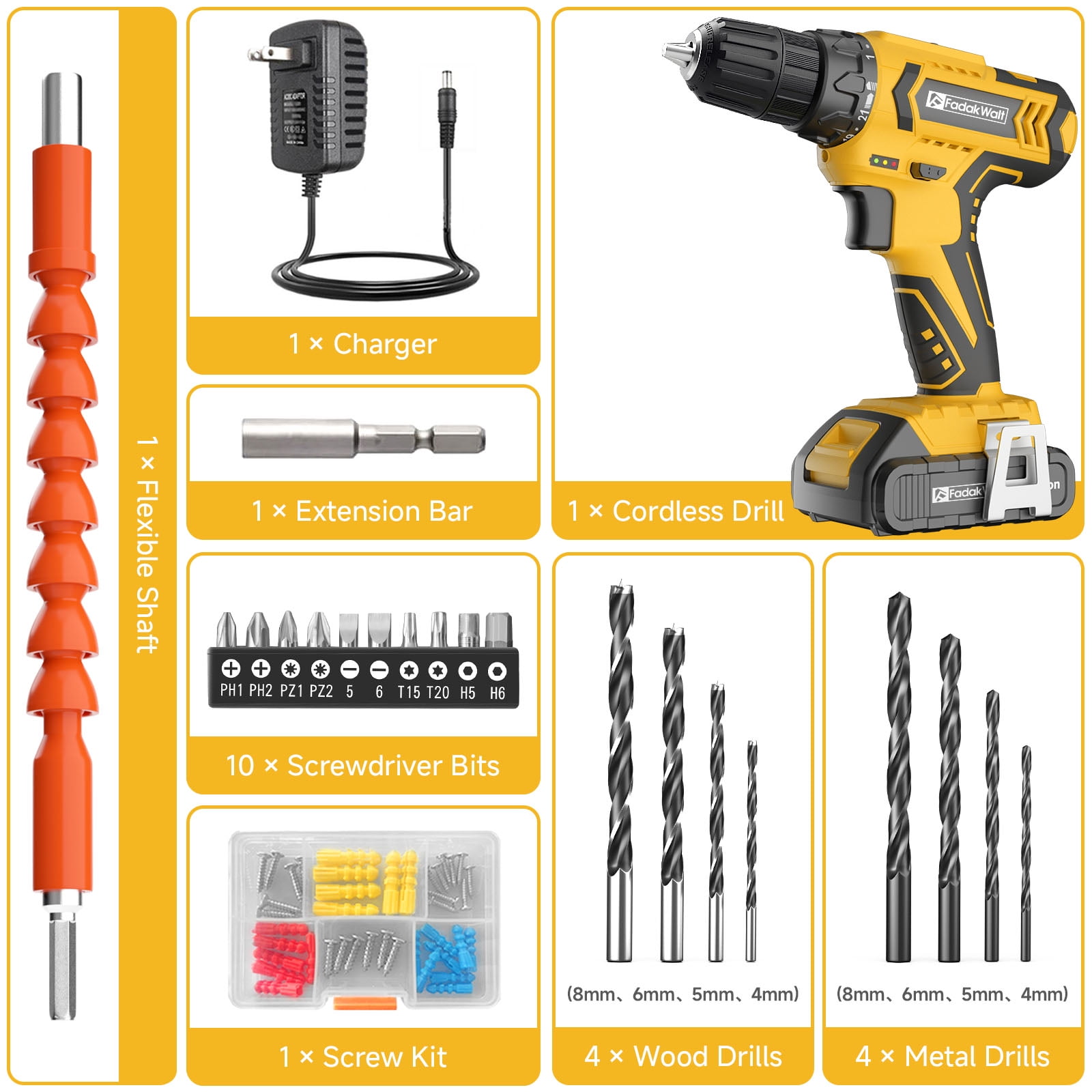 20V MAX Cordless Drill Set with Battery & Charger, 280 in-lbs Power Drill Kit, 2-Speed (0-1400 RPM), 21+1 Torque, 3/8" Keyless Chuck, 30pc Drill/Driver Bits, LED Light for Wood/Metal/Concrete(Yellow)
