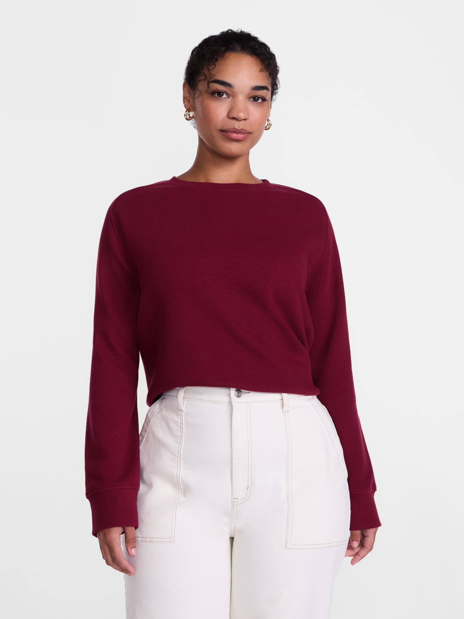 Scenario Women's Waffle Knit Crewneck Tee with Long Sleeves, Sizes XS-XXXL