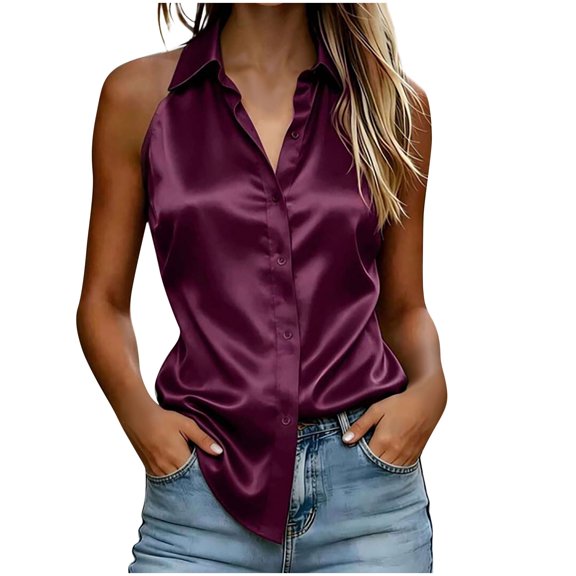 Women's Satin Collared Halter Tank Top Summer Trendy Sleeveless Button Down Blouse Elegant Racerback Beach Vacation Tops Purple