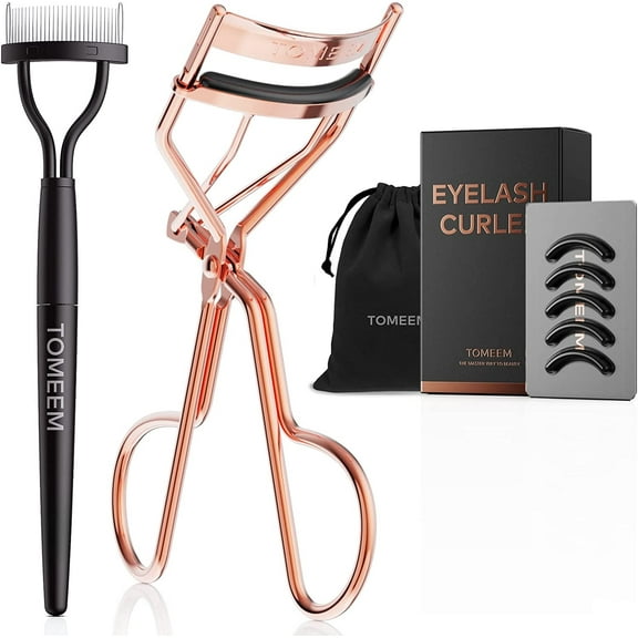 Eyelash Curler with Comb & 5 Black Peplaceable Silicone Pads Rose Gold Metal Eyebrow Curler for All Eye Types