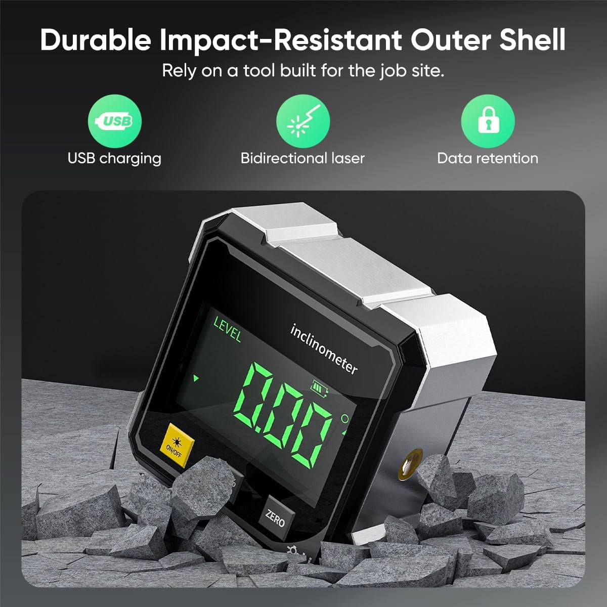 Digital Laser Angle Finder Protractor Tool, 4-Sided Magnetic Base & Laser Guide for Instant Measurements, USB Rechargeable for Carpentry, Tile & Home Renovation