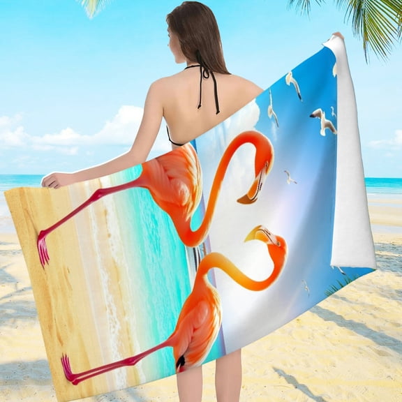 RKSupls Beach Flamingo Seagull Palm Tree Microfiber Beach Towel, Extra Large Quick Dry Lightweight Towel for Travel Swimming Camping, Soft Super Absorbent- 55.1x27.6in