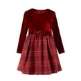 thumbnail image 6 of Girls Dresses Long Sleeve Velvet Plaid Patchwork Holiday Party Dress Round Neck Bow with Pockets, 6 of 6
