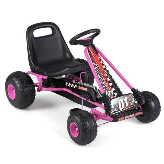 Infans Kids 4-Wheel Pedal Go Kart w/Clutch & Hand Brake. Multi-Terrain Wheels,Pink.