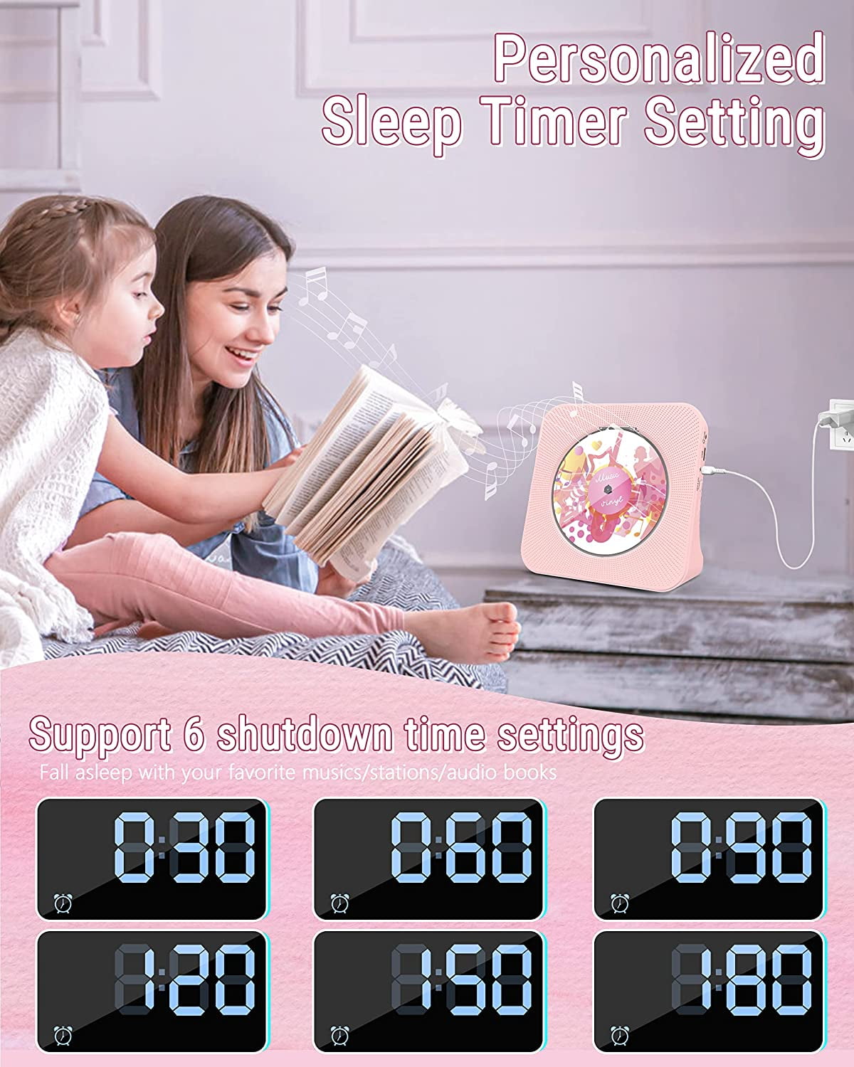 CD Player Portable Bluetooth Desktop 4000mAh Rechargeable CD Player with Remote Control for Home CD Player with Timer HiFi Speakers Dust Cover LCD Screen Display FM Radio-Pink