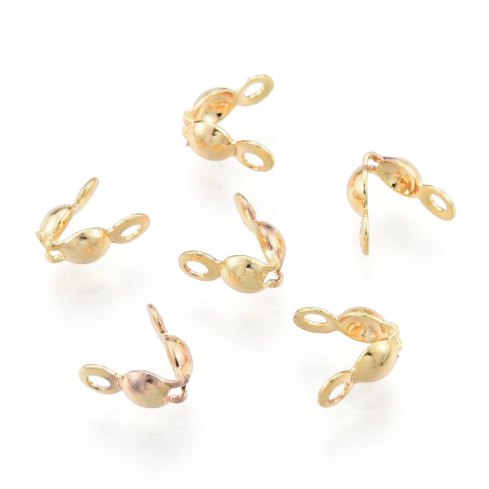 Brass Bead Tips Nickel Free Calotte Ends Clamshell Knot Cover Real 18K golden Plated 7.5x3.5mm Hole: 1.5mm