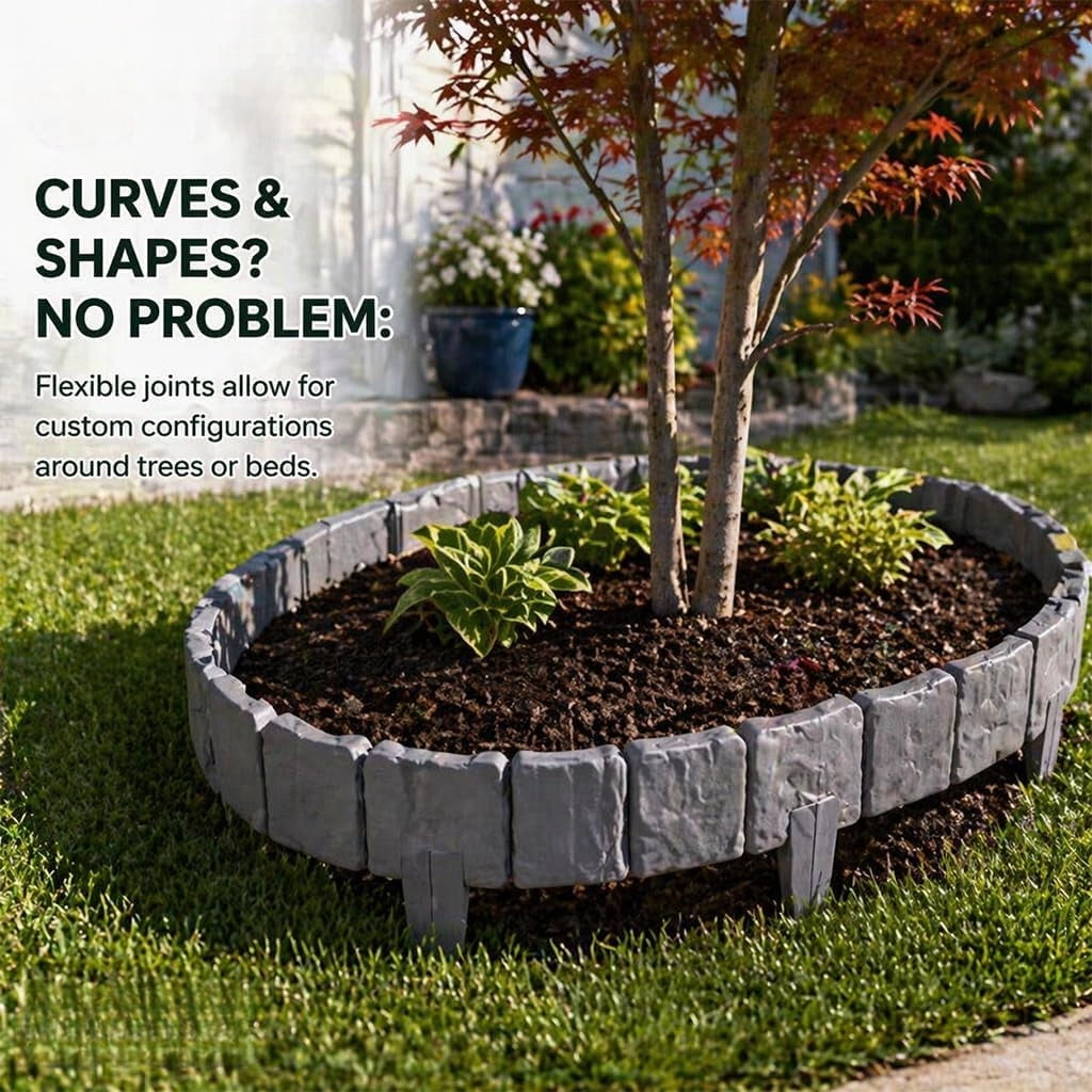 Stone Look Garden Edging Border Fence, Interlocking Plastic Landscape Edging with Built-In Stakes for Flower Beds, Lawn, Pathway & Yard Decor, Weather Resistant Outdoor Border Panels, Black,20pcs